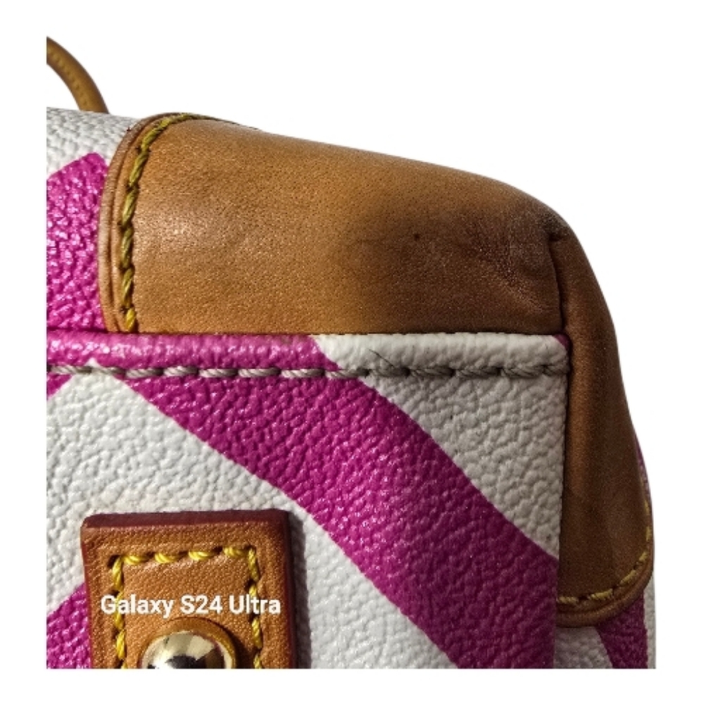 Dooney And Bourke Pink And White Chevron Satchel With Leather Trim - Picture 15 of 16